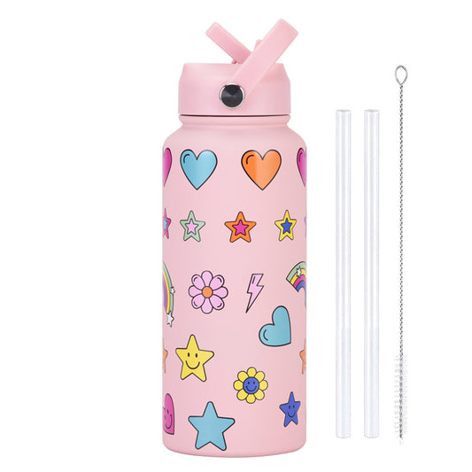 Style 11G Colorful Plaid Vibrant Fun Print 1L Stainless Steel Insulated Water Bottle - 32oz Large Capacity with Straw Lid & Carry Handle - BPA-Free