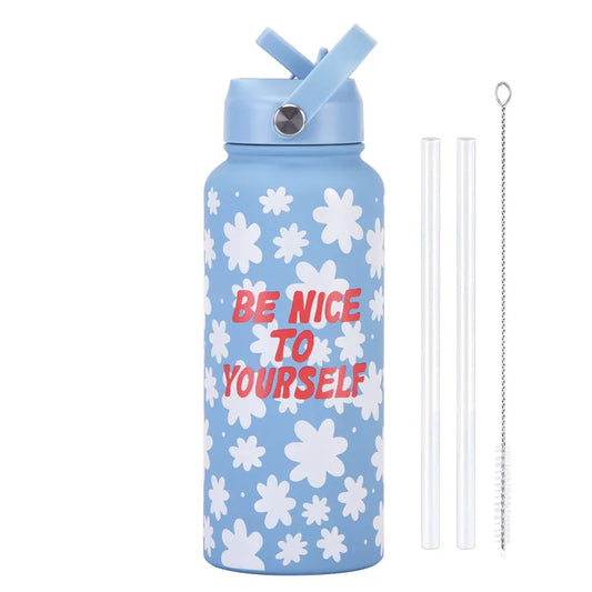Style 19A Blue and White Plaid Vibrant Fun Print 1L Stainless Steel Insulated Water Bottle - 32oz Large Capacity with Straw Lid & Carry Handle - BPA-Free