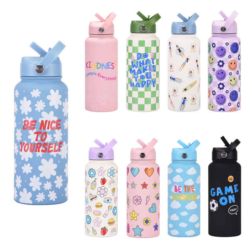 Style 19A Blue and White Plaid Vibrant Fun Print 1L Stainless Steel Insulated Water Bottle - 32oz Large Capacity with Straw Lid & Carry Handle - BPA-Free - Image 2