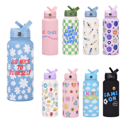 Style 19A Blue and White Plaid Vibrant Fun Print 1L Stainless Steel Insulated Water Bottle - 32oz Large Capacity with Straw Lid & Carry Handle - BPA-Free - Image 2