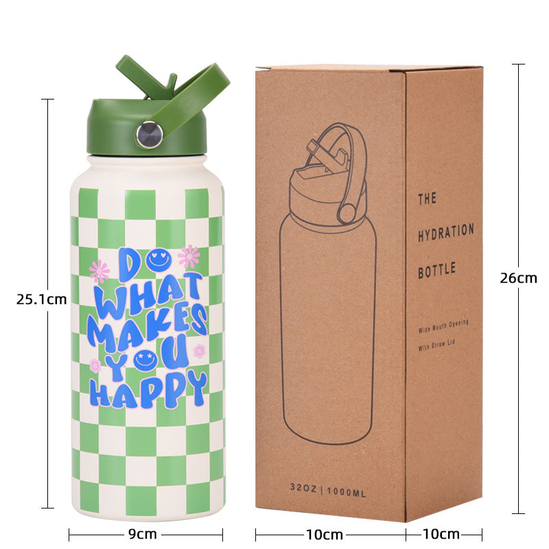 Style 19A Blue and White Plaid Vibrant Fun Print 1L Stainless Steel Insulated Water Bottle - 32oz Large Capacity with Straw Lid & Carry Handle - BPA-Free - Image 4