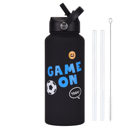 Style 9B Black Vibrant Fun Print 1L Stainless Steel Insulated Water Bottle - 32oz Large Capacity with Straw Lid & Carry Handle - BPA-Free