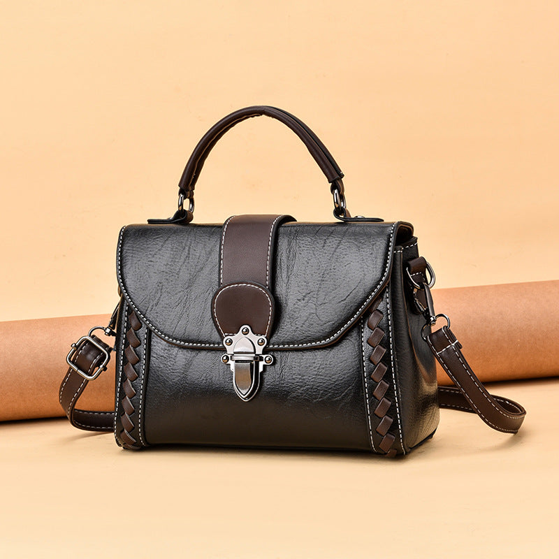Black Elegant Women's PU Leather Top Handle Satchel - Versatile Crossbody Bag with Classic Clasp & Braided Detail