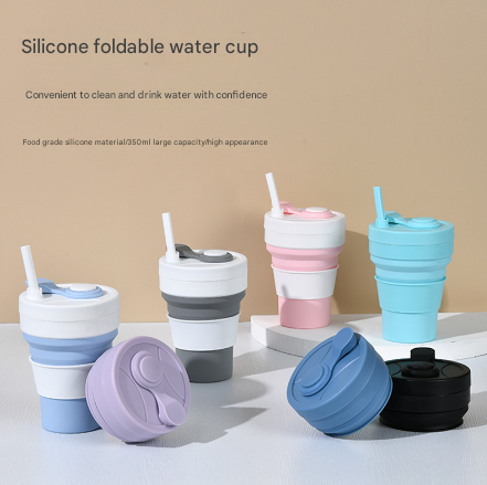 2 Pcs Dark Blue 350ml Collapsible Silicone Travel Cup - Portable, Leak-Proof & Food-Grade Drinking Mug with Lid, Insulating Sleeve & Straw - Image 2