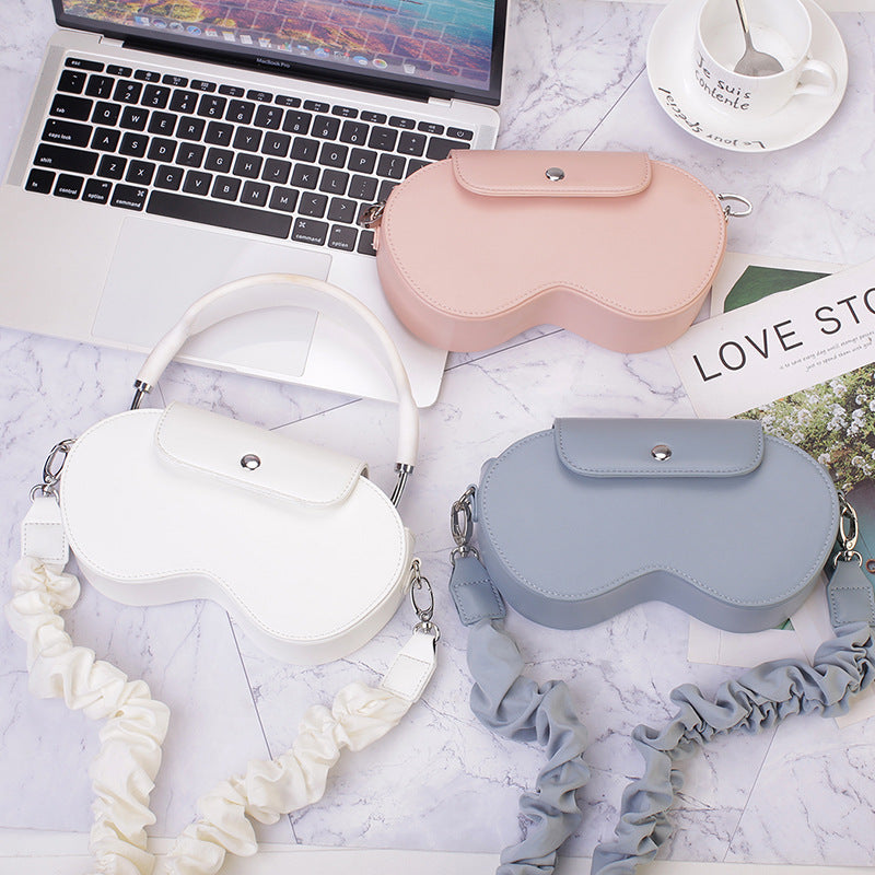 White Chic PU Leather Crossbody Storage Bag for Apple AirPods Max - Protective Case with Ruched Fabric Strap & Top Handle - Image 3