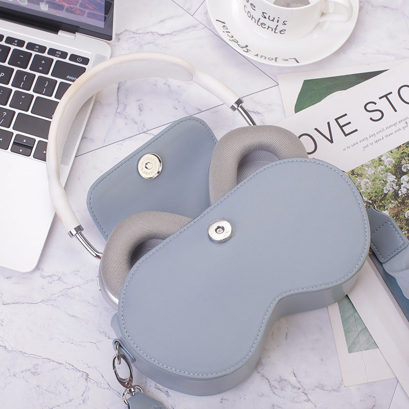 Pink Chic PU Leather Crossbody Storage Bag for Apple AirPods Max - Protective Case with Ruched Fabric Strap & Top Handle - Image 4