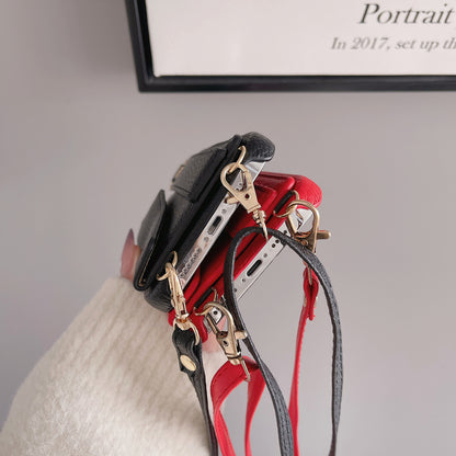 Red Chic PU Leather Crossbody Wallet Case for iPhone 16 - Card Holder with Detachable Strap & Finger Ring Grip - Image 3