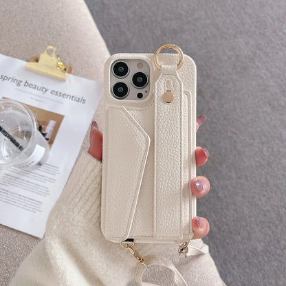 Beige Chic PU Leather Crossbody Wallet Case for iPhone 16 Pro Max - Card Holder with Detachable Strap & Finger Ring Grip