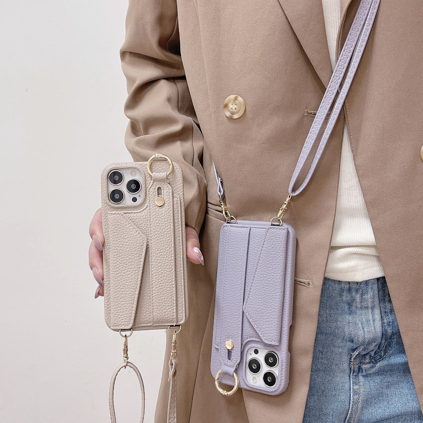 Beige Chic PU Leather Crossbody Wallet Case for iPhone 16 - Card Holder with Detachable Strap & Finger Ring Grip - Image 6