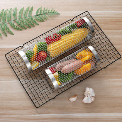 2 Pcs Size S Silver Rolling Stainless Steel BBQ Grill Basket - Cylindrical Grilling Cage for Veggies, Meats & More (304 Food-Grade) - Image 2
