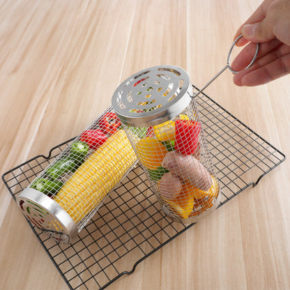 Silver 2-Piece Rolling Stainless Steel BBQ Grill Basket Set (Small & Large) - 304 Food-Grade Grilling Cages with Hooks - Image 2