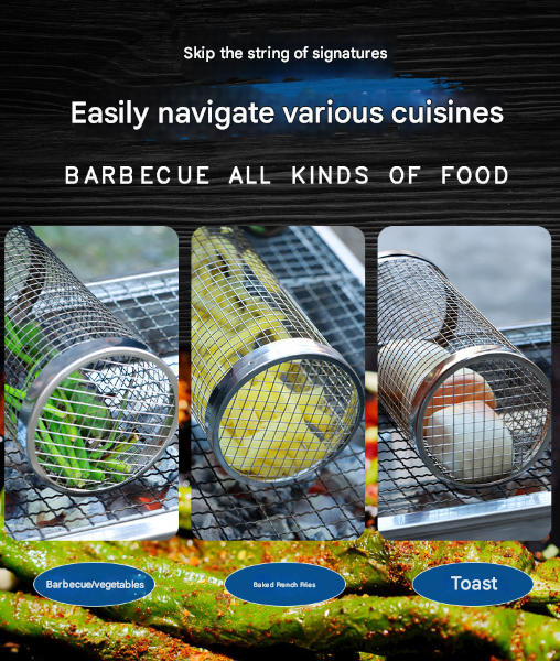 Silver 2-Piece Rolling Stainless Steel BBQ Grill Basket Set (Small & Large) - 304 Food-Grade Grilling Cages with Hooks - Image 3
