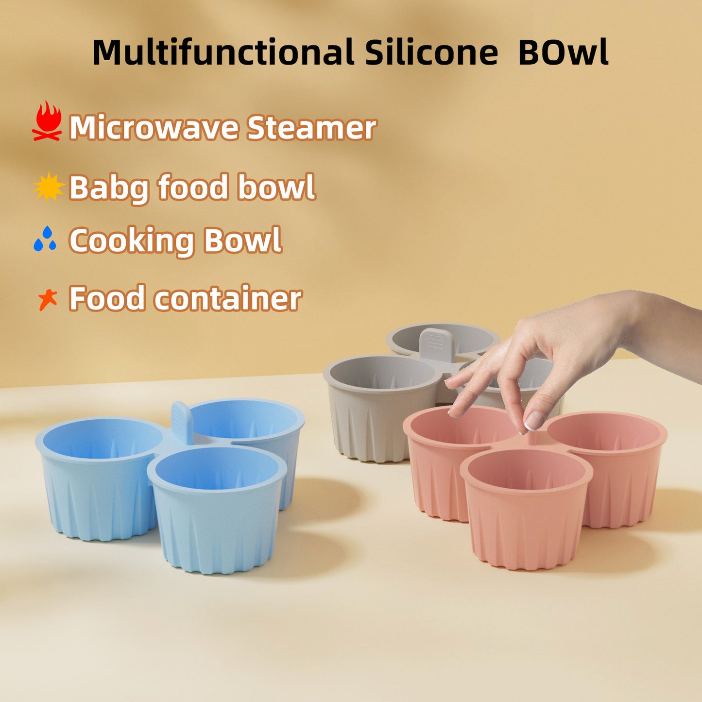2 Pcs Pink 3-Compartment Silicone Bowl - BPA-Free, Microwave & Air Fryer Safe for Eggs, Baking & Food Storage - Image 4