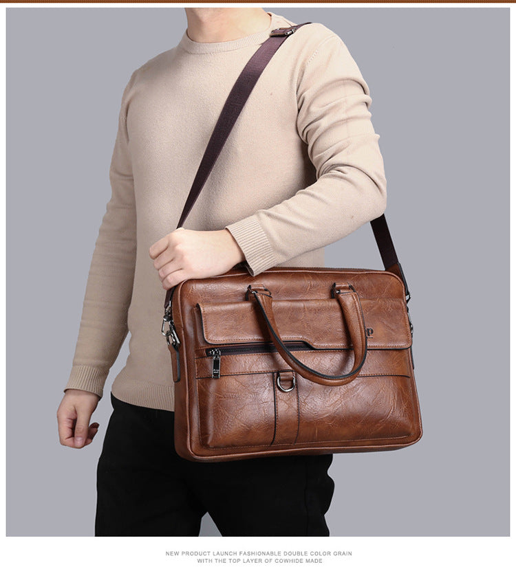 Brown Men's PU Leather Briefcase - Vintage Style Laptop Messenger Bag, Crossbody Satchel for Business & Casual - Image 3