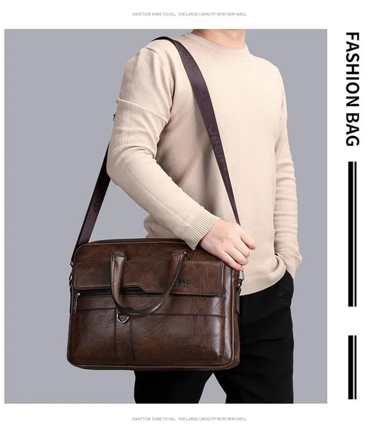 Coffee Men's PU Leather Briefcase - Vintage Style Laptop Messenger Bag, Crossbody Satchel for Business & Casual - Image 2