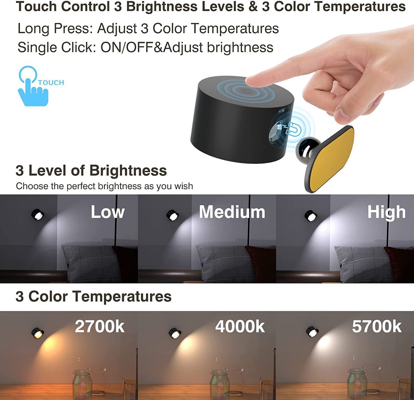 Khaki Wood Grain Rechargeable LED Magnetic Wall Light - Touch Control, 3 Colors & Dimmable, USB Portable Night Lamp for Reading & Cabinets - Image 3