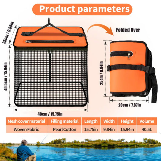 1 Piece Orange and Black Durable Collapsible Fishing Keepnet - Large 40.5L Quick-Dry Coated Nylon Fish Basket for Live Bait & Catch - Image 2