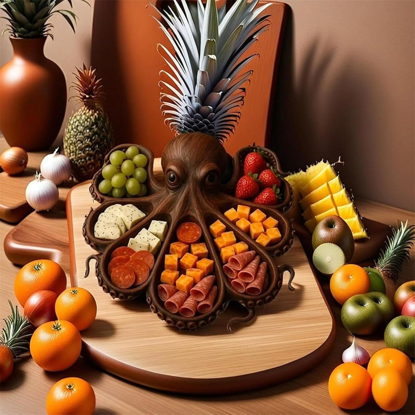 Style A Brown Artisan Crafted Solid Wood Octopus Charcuterie Board - Unique Appetizer & Cheese Serving Platter - Image 2