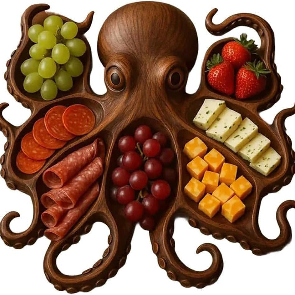 Style A Brown Artisan Crafted Solid Wood Octopus Charcuterie Board - Unique Appetizer & Cheese Serving Platter - Image 3