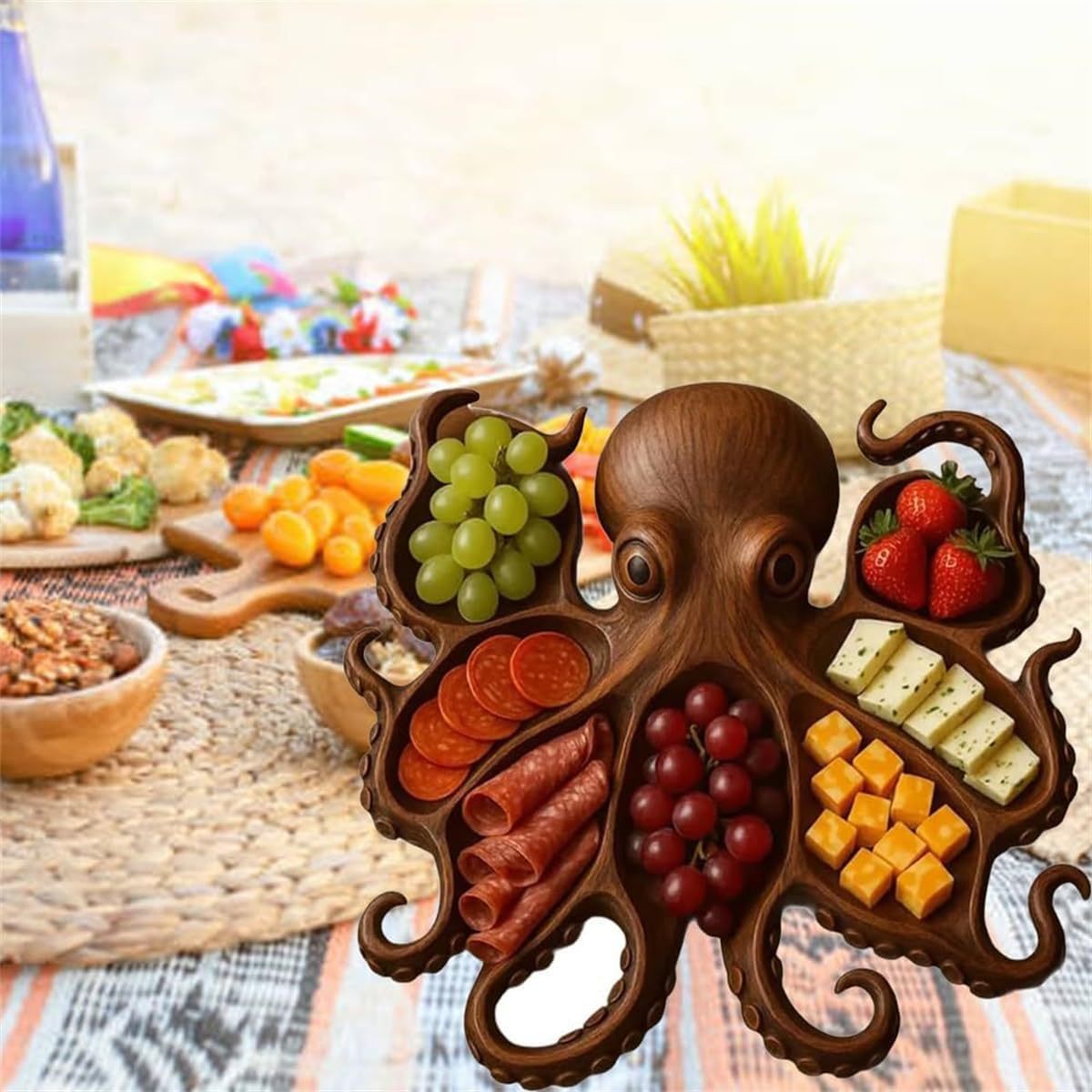Style A Brown Artisan Crafted Solid Wood Octopus Charcuterie Board - Unique Appetizer & Cheese Serving Platter - Image 4