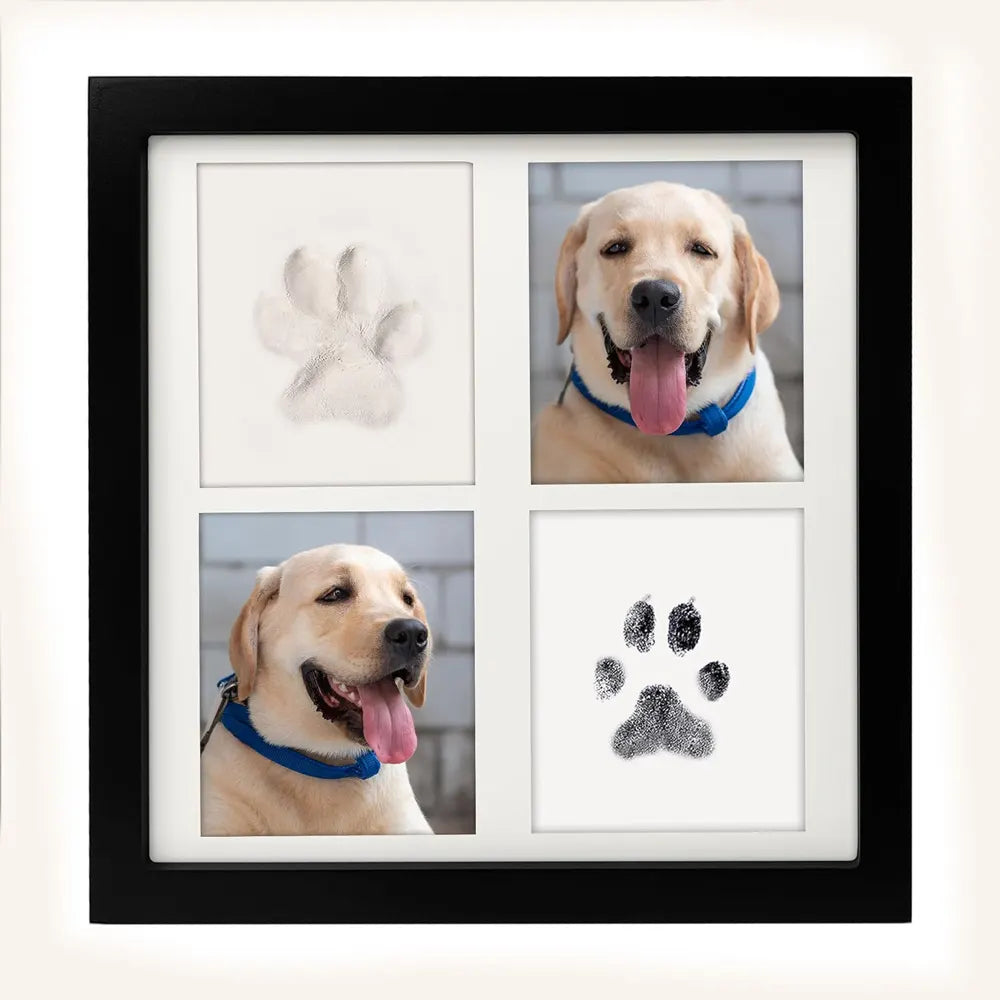 Black and White Pet Paw Print Keepsake Photo Frame Kit - Mess-Free Ink Pad for Dogs & Cats, Dual Photo & Print Display