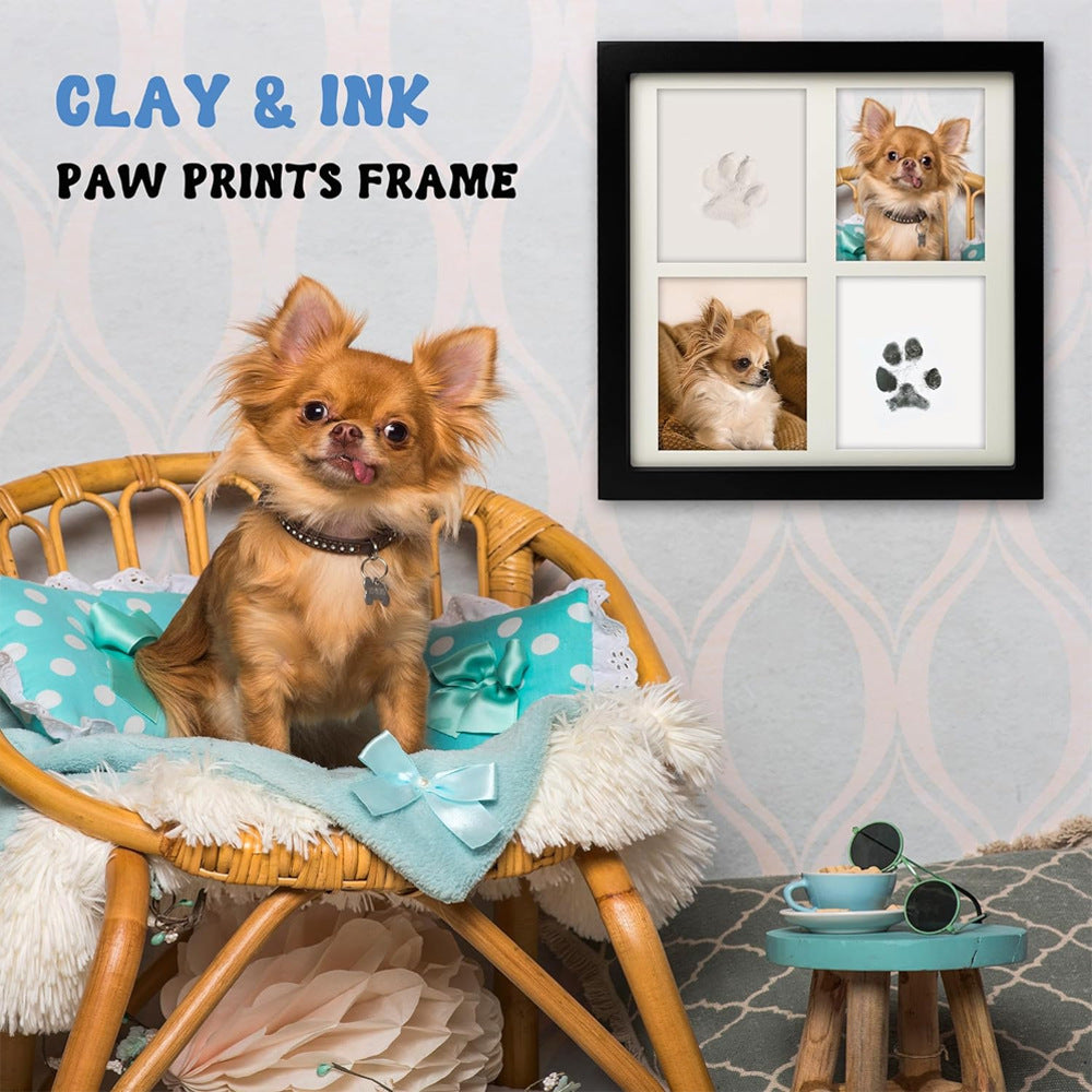 Black and White Pet Paw Print Keepsake Photo Frame Kit - Mess-Free Ink Pad for Dogs & Cats, Dual Photo & Print Display - Image 2