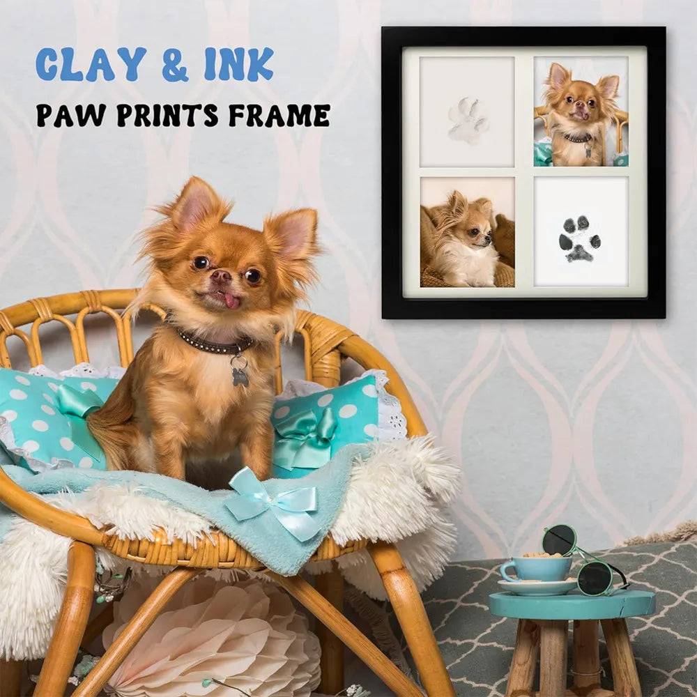 Black and White Pet Paw Print Keepsake Photo Frame Kit - Mess-Free Ink Pad for Dogs & Cats, Dual Photo & Print Display - Image 2
