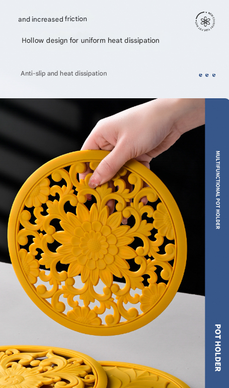 Elegant Floral Silicone Trivet Mat Set (3-Pack, Yellow) - Heat Resistant, Non-Slip Kitchen Hot Pads & Pot Holders - Image 6
