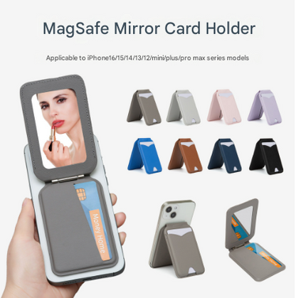Light Grey Chic MagSafe Wallet with Mirror & Stand - PU Leather Card Holder for iPhone 12-16 Series - Image 2