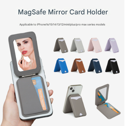 Brown Chic MagSafe Wallet with Mirror & Stand - PU Leather Card Holder for iPhone 12-16 Series - Image 2