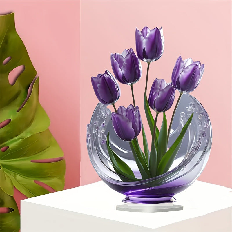 2 Pcs Charming Purple Tulip 2D Acrylic Ornament - Flat Floral Tabletop Art Decor Accent - Image 4