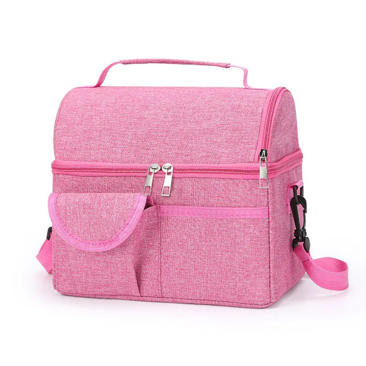 2 Pcs Pink Premium Double Layer Insulated Lunch Bag - 8.4L Thermal Cooler Tote with Shoulder Strap