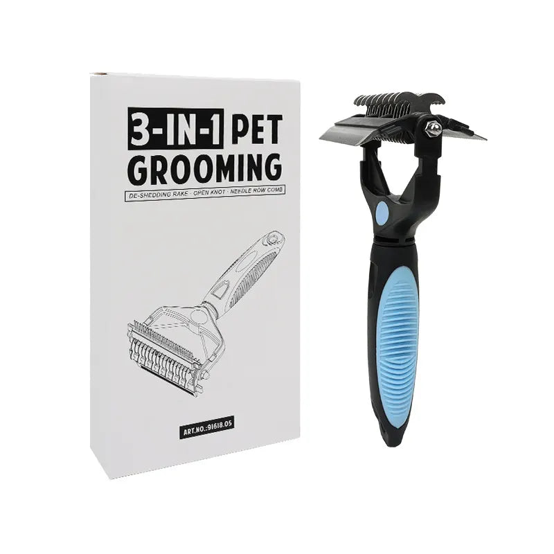 Blue and Black Professional 3-in-1 Pet Grooming Tool - Dematting Rake, Deshedding Comb & Finishing Brush for Dogs & Cats