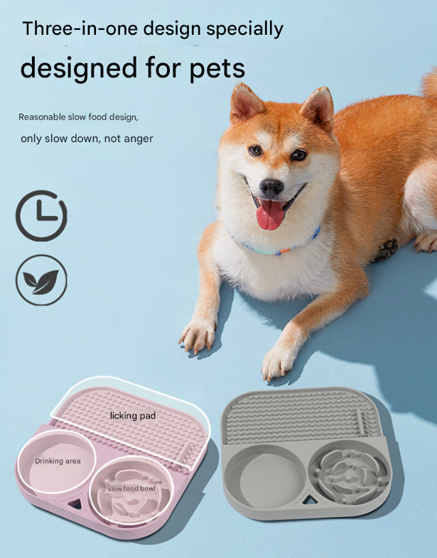 2 Pcs Blue 3-in-1 Silicone Pet Slow Feeder & Lick Mat with Water Bowl - Non-Slip Design for Dogs & Cats - Image 2