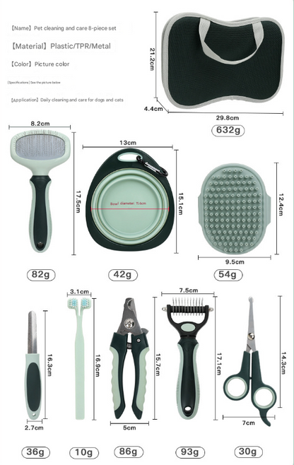 Grey and Green Complete 8-Piece Pet Grooming Kit - Essential Dog & Cat Care Tools with Brushes, Nail Clippers, Scissors & Portable Case - Image 3
