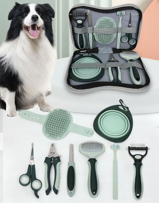 Grey and Green Complete 8-Piece Pet Grooming Kit - Essential Dog & Cat Care Tools with Brushes, Nail Clippers, Scissors & Portable Case - Image 7