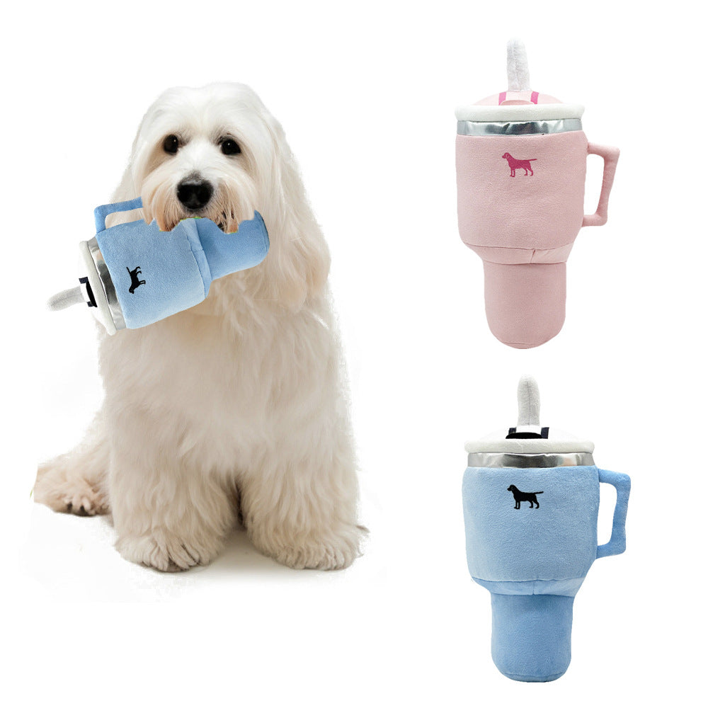 Pink Plush Travel Mug Squeaky Dog Toy - Soft Polyester Chew Toy for Boredom Relief & Interactive Fun - 31cm - Image 2