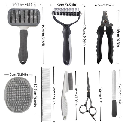 Grey Professional 9-Piece Pet Grooming Kit - DeShedding Brushes, Nail Clippers, Combs & Scissors Set for Dogs, Cats & Rabbits with Storage Bag - Image 2