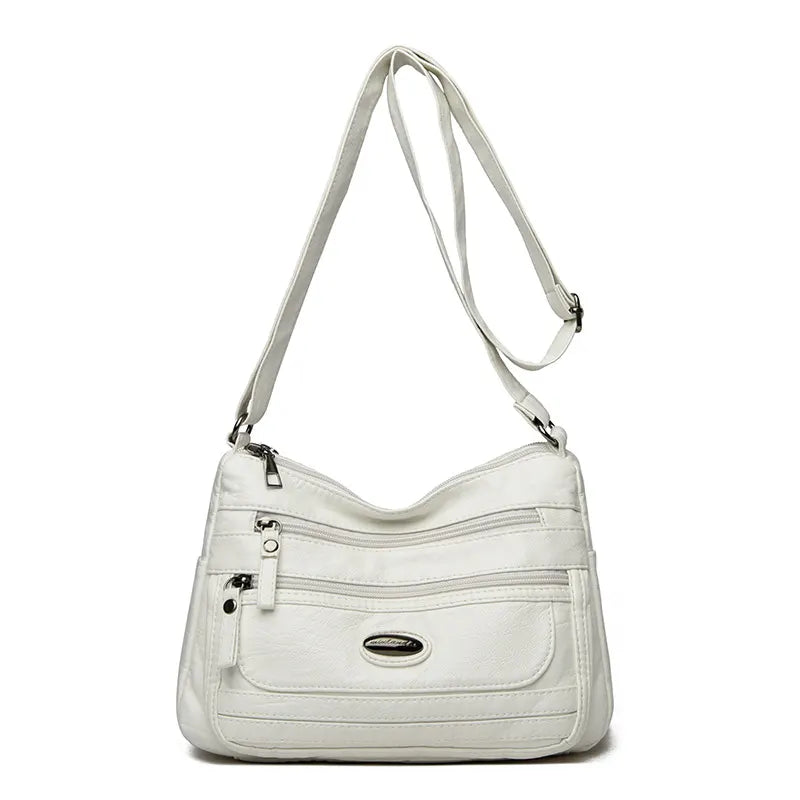 White Women's Soft Washed PU Leather Crossbody Bag - Multi-Pocket Casual Shoulder Purse for Everyday Organization