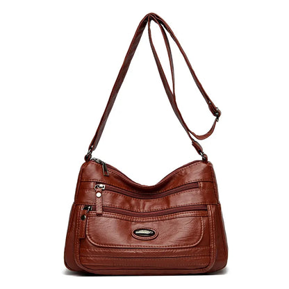 Reddish Brown Women's Soft Washed PU Leather Crossbody Bag - Multi-Pocket Casual Shoulder Purse for Everyday Organization