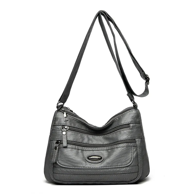 Grey Women's Soft Washed PU Leather Crossbody Bag - Multi-Pocket Casual Shoulder Purse for Everyday Organization
