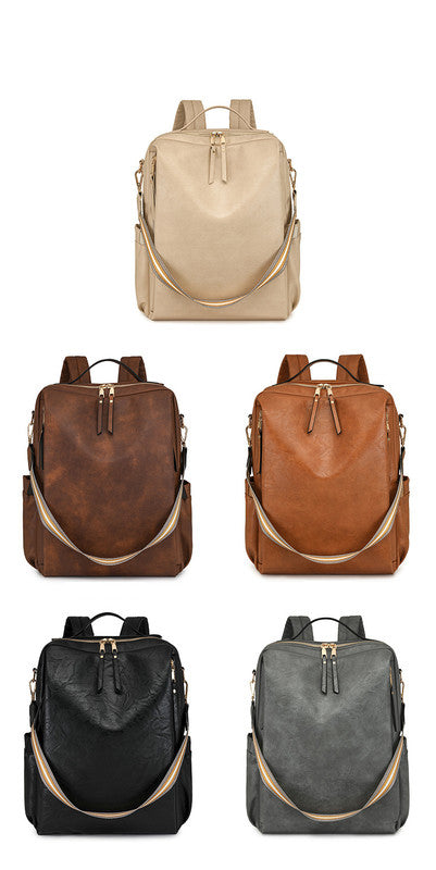 Brown Women's Vintage PU Leather Anti-Theft Backpack - Convertible Shoulder Bag & Laptop Rucksack for Travel & Daily Use - Image 2