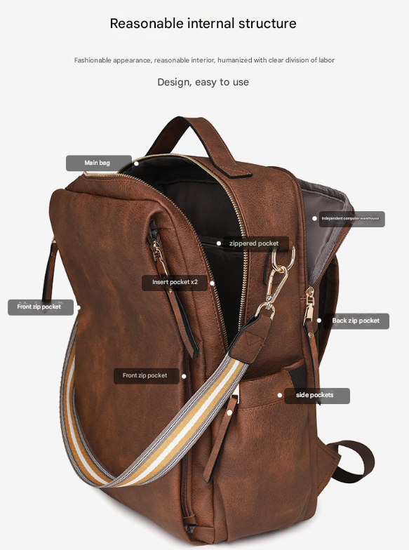 Brown Women's Vintage PU Leather Anti-Theft Backpack - Convertible Shoulder Bag & Laptop Rucksack for Travel & Daily Use - Image 7