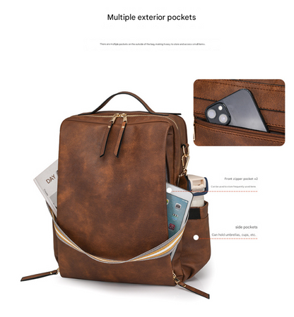 Beige Women's Vintage PU Leather Anti-Theft Backpack - Convertible Shoulder Bag & Laptop Rucksack for Travel & Daily Use - Image 6