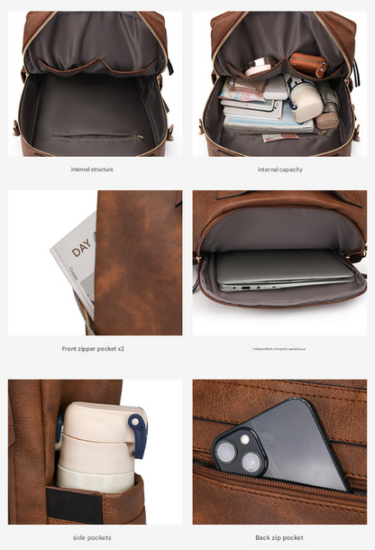 Beige Women's Vintage PU Leather Anti-Theft Backpack - Convertible Shoulder Bag & Laptop Rucksack for Travel & Daily Use - Image 8