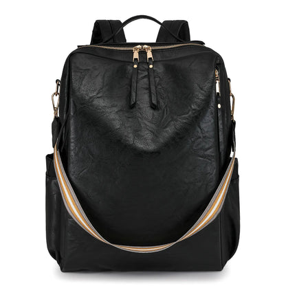 Black Women's Vintage PU Leather Anti-Theft Backpack - Convertible Shoulder Bag & Laptop Rucksack for Travel & Daily Use