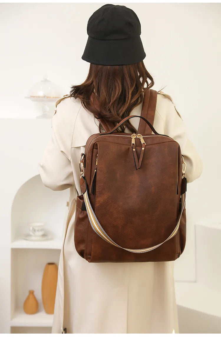 Black Women's Vintage PU Leather Anti-Theft Backpack - Convertible Shoulder Bag & Laptop Rucksack for Travel & Daily Use - Image 9