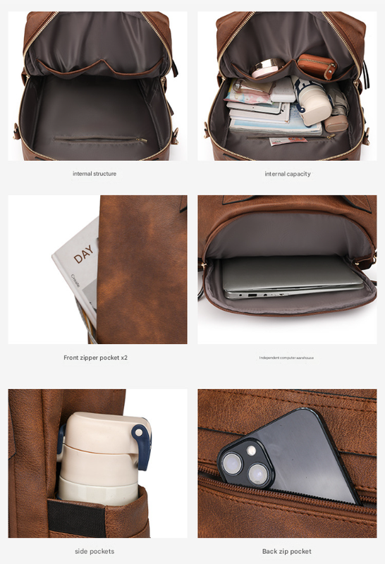 Coffee Women's Vintage PU Leather Anti-Theft Backpack - Convertible Shoulder Bag & Laptop Rucksack for Travel & Daily Use - Image 8