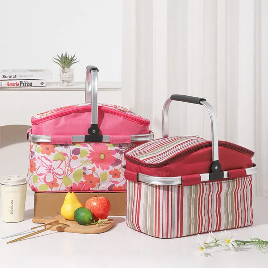 Pink and Floral Pattern Large 27L Foldable Insulated Picnic Basket Cooler Bag - Lightweight Thermal Hamper with Aluminum Handles for Outdoor, Shopping & Camping - Image 2