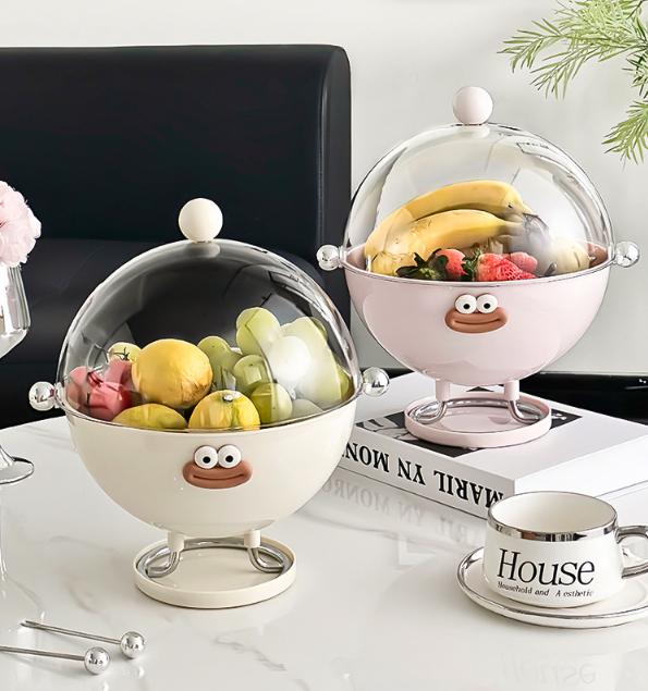 Beige Whimsical Covered Fruit Bowl with Flip Lid & Drainer - Cute Design Snack & Candy Dish for Living Room - Image 2